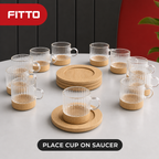48 Pieces Tea Cup Set with Wooden Saucers, Clear Glass and Natural Wood, 12 Pieces