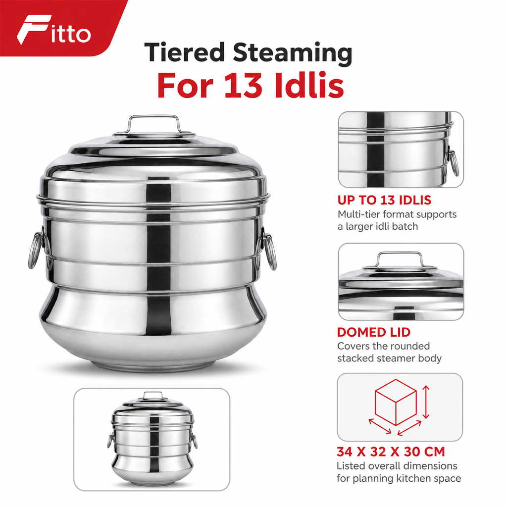 48 Pieces Stainless Steel Multi-Tier Idli Steamer Pot with Domed Lid, 13-Idli Capacity