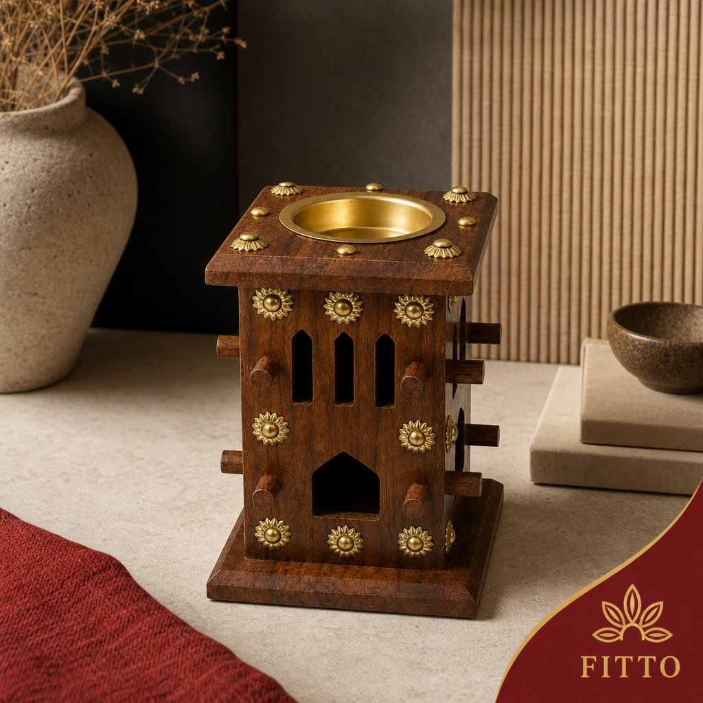 72 Pieces Wooden Bakhoor Incense Burner with Brass Bowl, Small, 14 cm