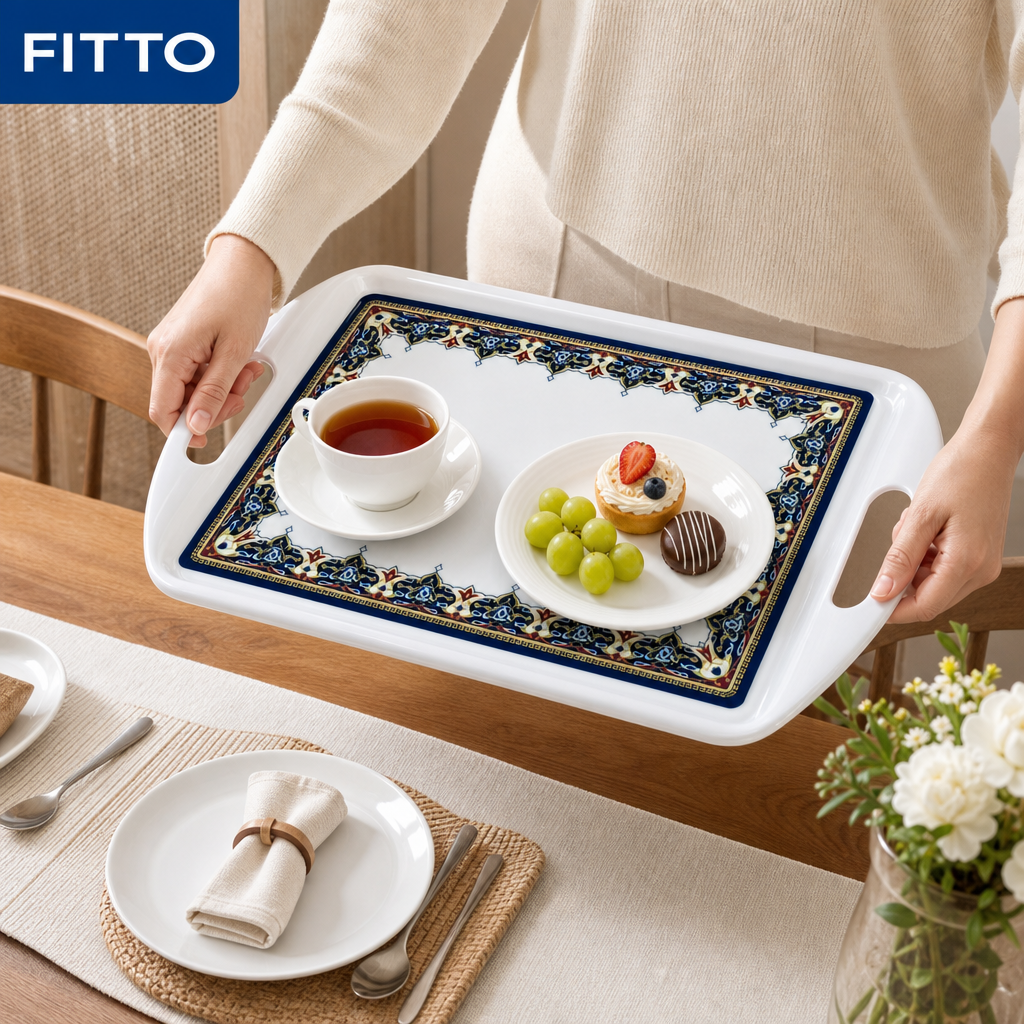 96 Pieces Melamine Rectangular Serving Trays with Handles, 18 Inch, Ornate Border Design