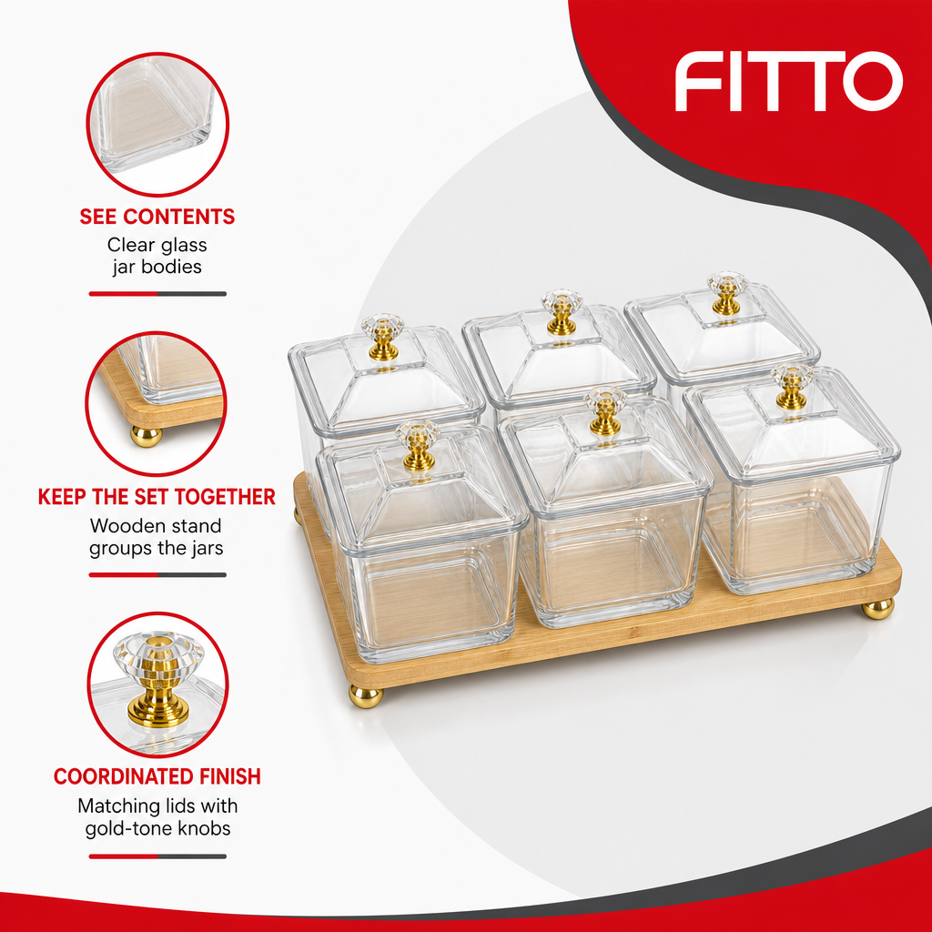 60 Pieces Glass Food Storage Jar Set with Lids, Gold-Tone Knobs and Wooden Stand, Clear Square Design