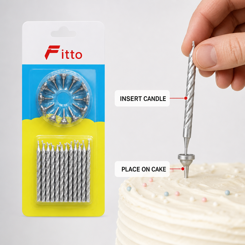 144 Pieces Silver Cake Candles, 24 Pieces with 12 Holders for Celebration Cakes