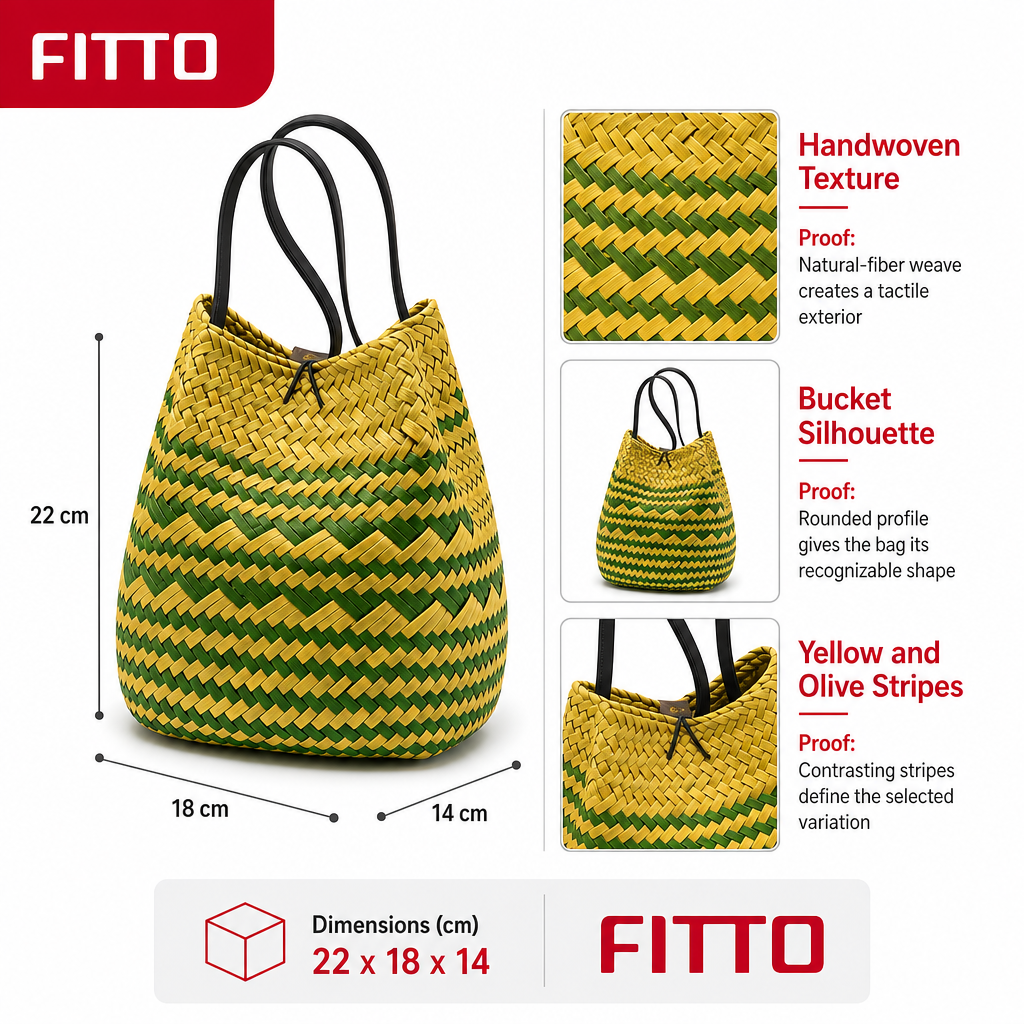 72 Pieces Handwoven Natural Fiber Bucket Handbags, Yellow and Olive Striped Design, 22 x 18 x 14 cm
