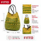 72 Pieces Handwoven Natural Fiber Bucket Handbags, Yellow and Olive Striped Design, 22 x 18 x 14 cm