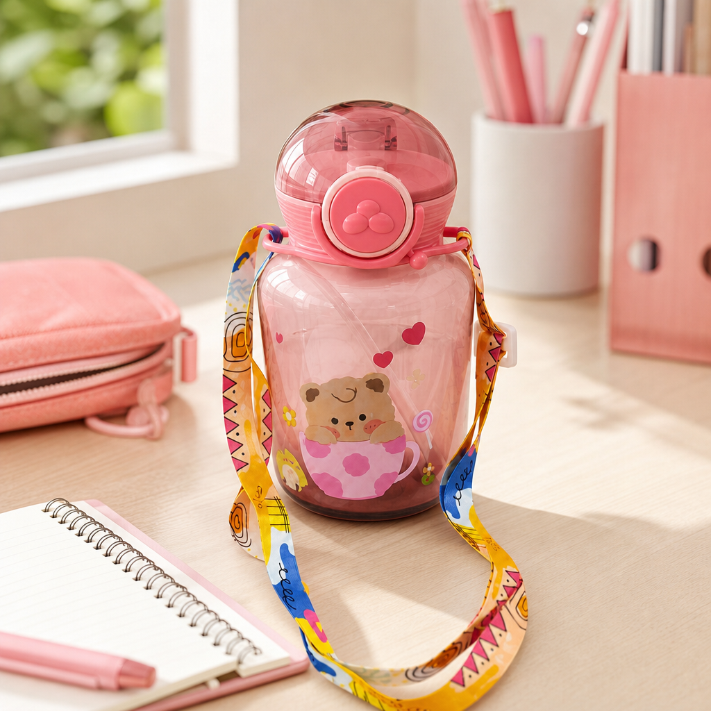 96 Pieces 640 ml Assorted Colour Cartoon Plastic Water Bottle with Shoulder Strap and Flip-Top Lid