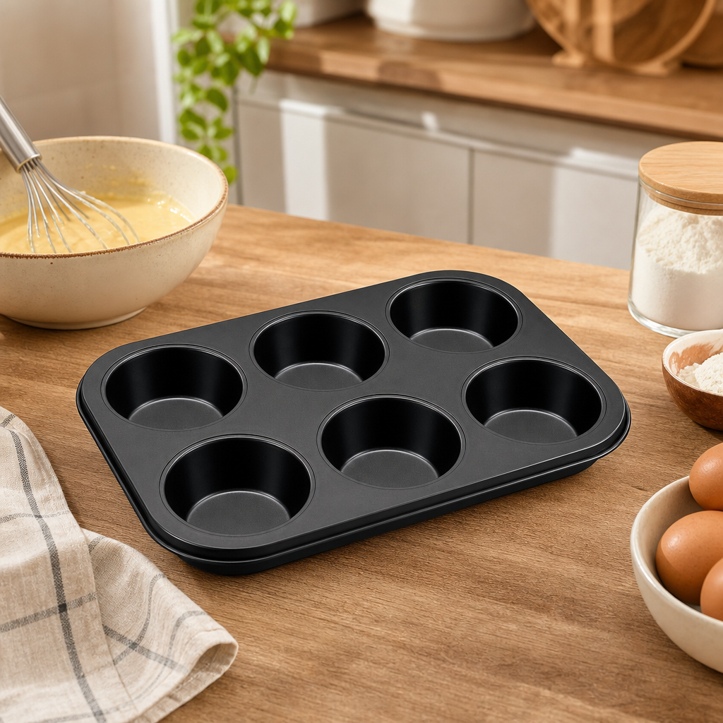 96 Pieces Cake Mold, Carbon Steel Non-Stick 6-Cup Round Bakeware, 26 × 18 cm, Black, 1 Piece