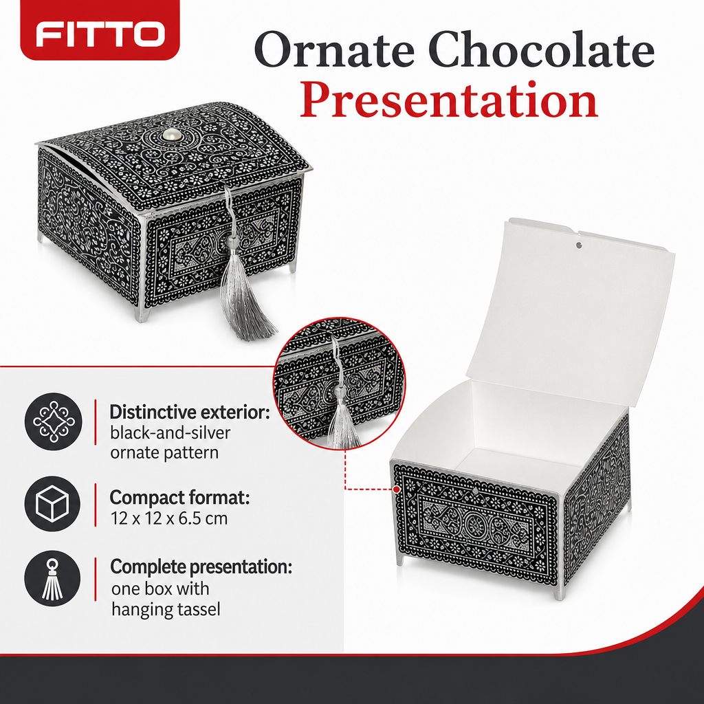 240 Pieces Decorative Chocolate Box with Ornate Pattern and Tassel, Black and Silver, 12 x 12 x 6.5 cm, 1 Piece