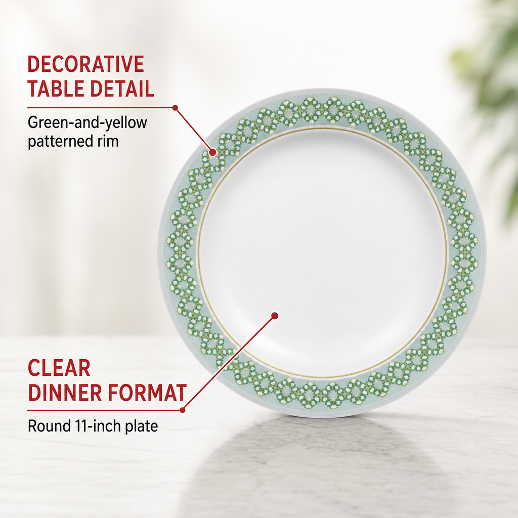 96 Pieces Melamine Dinner Plate, 11 Inch Round Tablewares, White with Green and Yellow Pattern