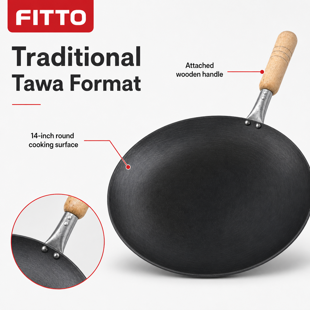 72 Pieces Black Iron Tawa Frying Pan with Wooden Handle, 14 Inch, 1 Piece
