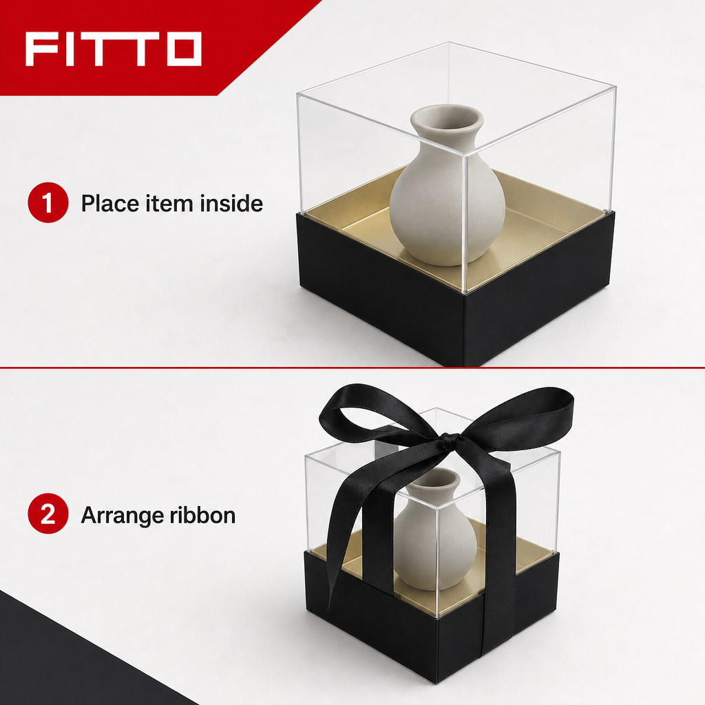120 Pieces Acrylic Square Box with Ribbon, Black, 9.5 × 9.5 × 9 cm, 1 Piece