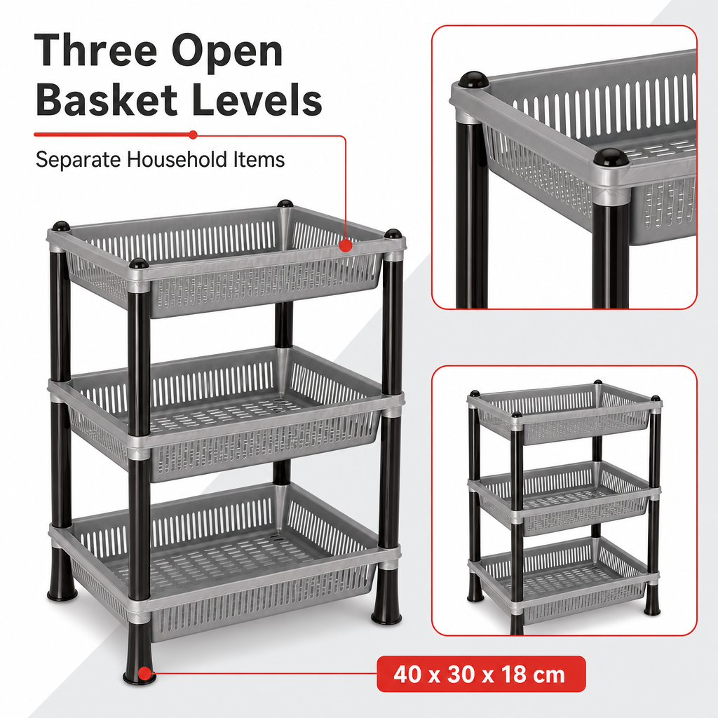 72 Pieces 3-Tier Plastic Storage Basket Rack, Grey, 40 x 30 x 18 cm