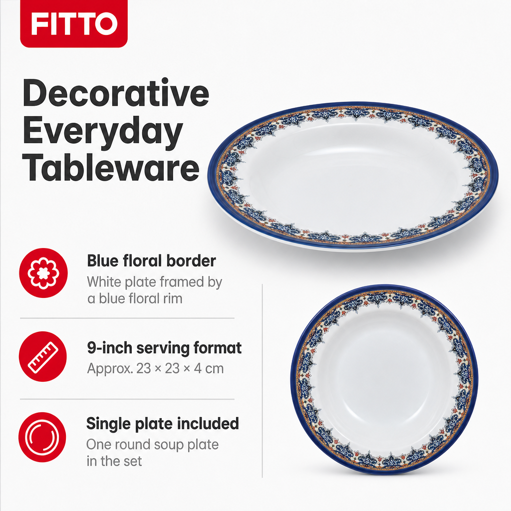 120 Pieces Melamine Soup Plate, 9 Inch, Round White Plate with Blue Floral Border