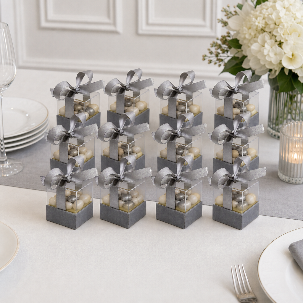 60 Pieces Silver Square Acrylic Boxes with Ribbon, 6.5 x 6.5 x 7.2 cm, 12 Pieces