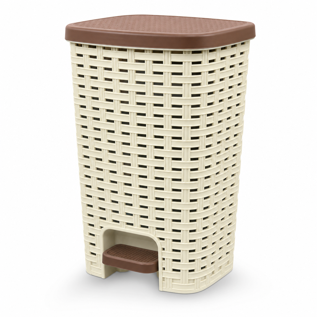 60 Pieces Waste Bins, Cream Plastic Rattan-Style Rectangular Pedal Bin with Brown Lid, 48 x 34 x 30 cm