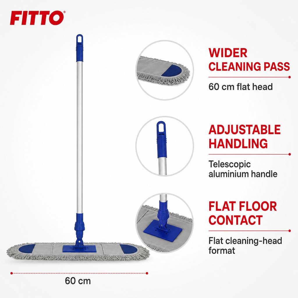 60 Pieces Flat Mop with Telescopic Aluminium Handle, 60 cm Cleaning Head