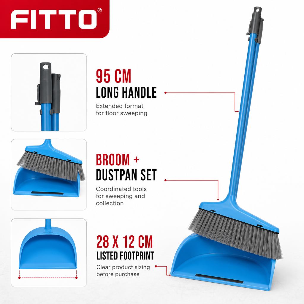 96 Pieces Long Handle Broom and Dustpan Set, 95 cm, Assorted Colour