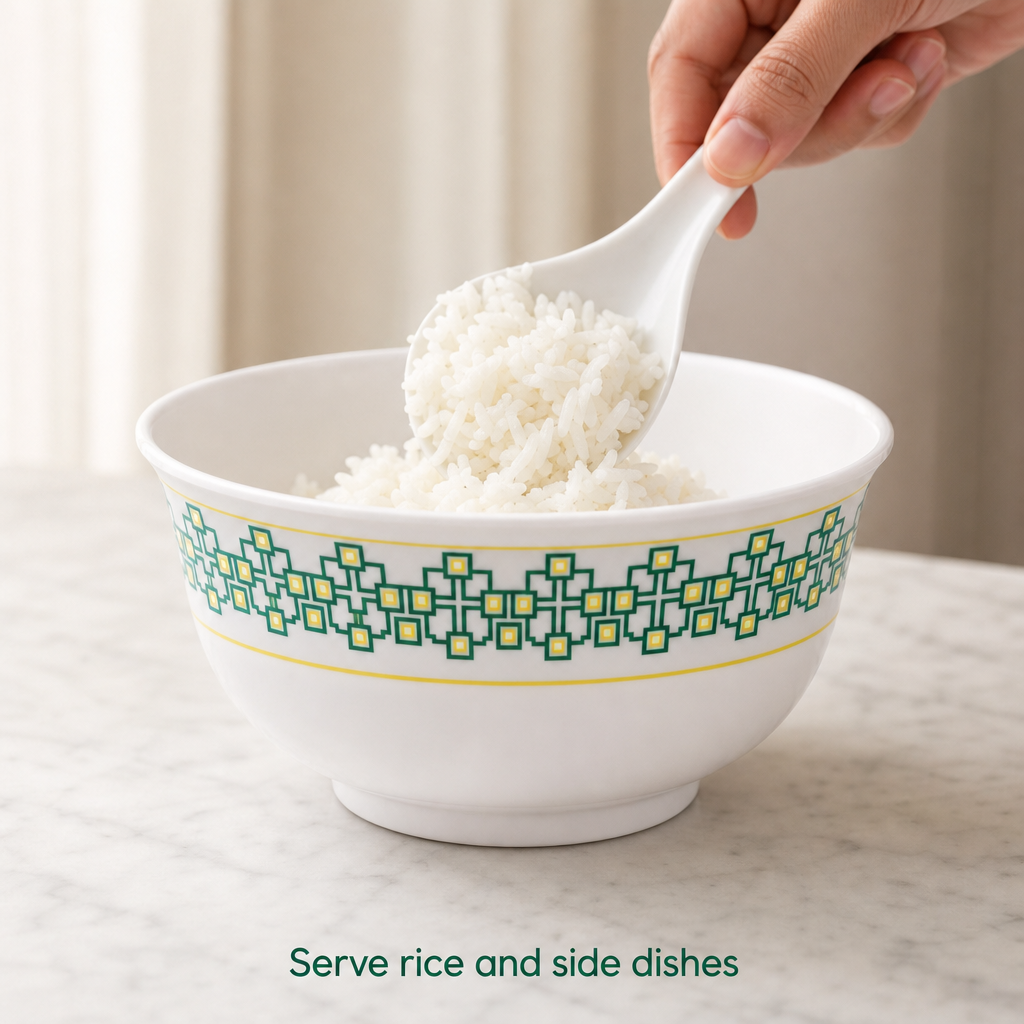 120 Pieces Melamine Rice Bowl, 4.5 Inch, White with Green and Yellow Geometric Pattern