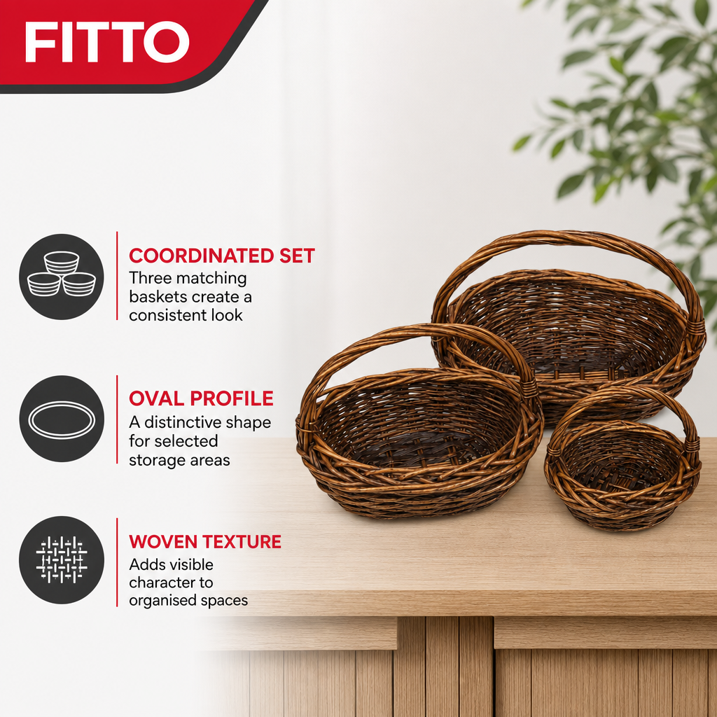 48 Pieces Oval Wicker Basket Set, Dark Brown, 3 Piece, Handwoven Storage Baskets