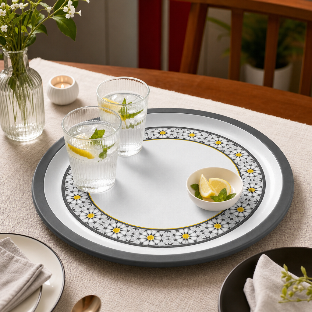 60 Pieces Round Woven Serving Trays, 60 cm, White with Floral Pattern