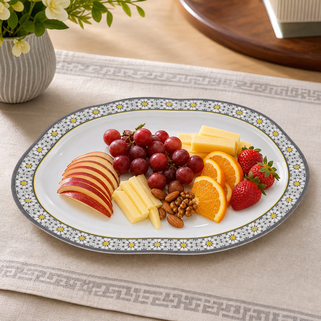 96 Pieces Melamine Wavy Oval Serving Plate, 14 Inch, White and Grey with Yellow Accents