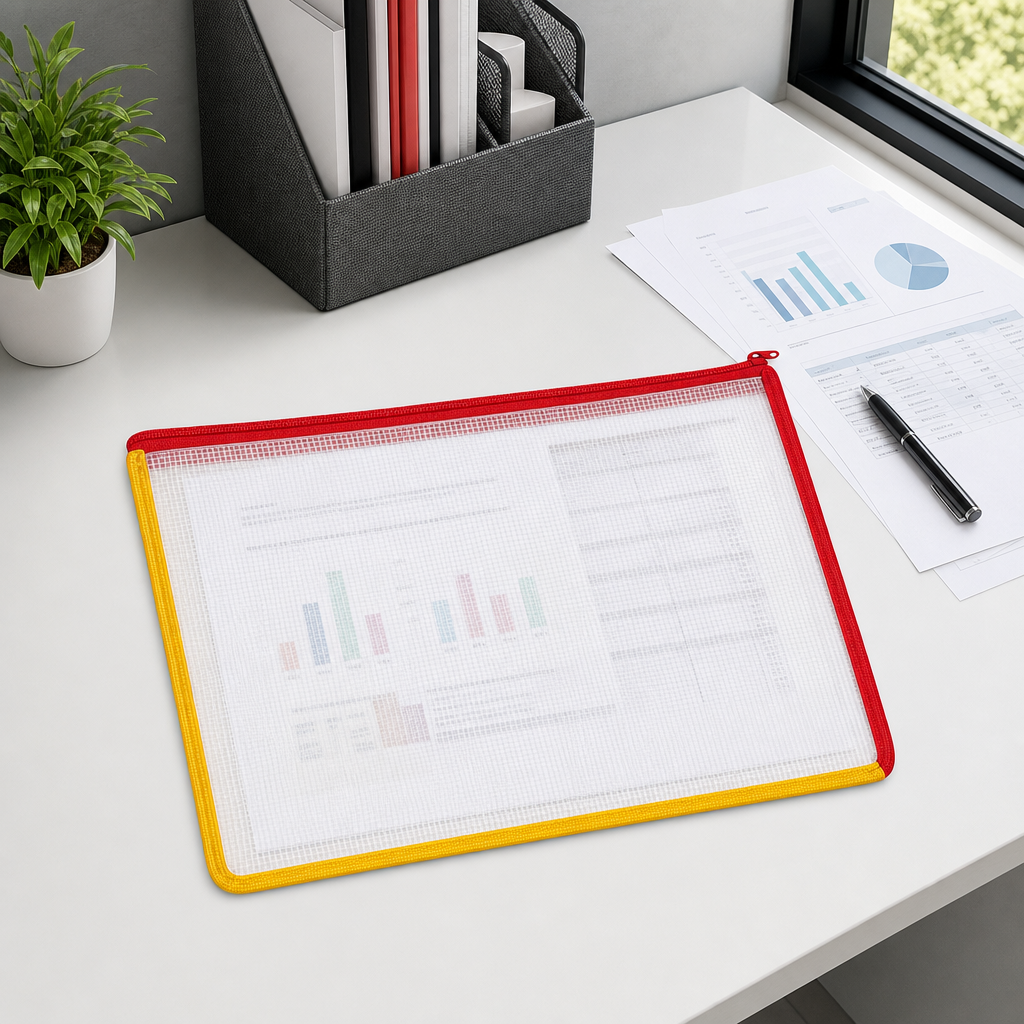 144 Pieces Transparent Grid Zipper Document Folder with Red Trim, 35 x 25 x 2 cm, 1 Piece