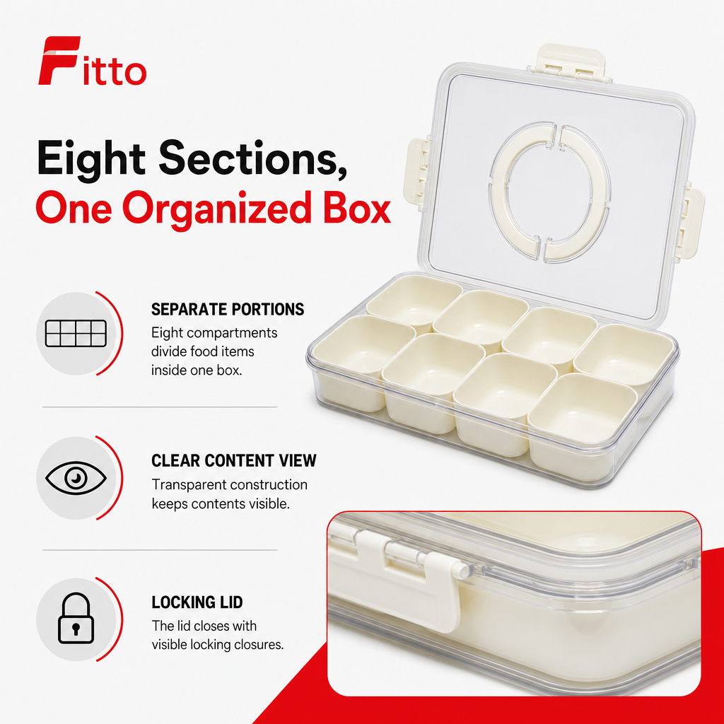 96 Pieces Clear 8-Compartment Food Storage Box with Locking Lid, 29 × 21 × 6.5 cm