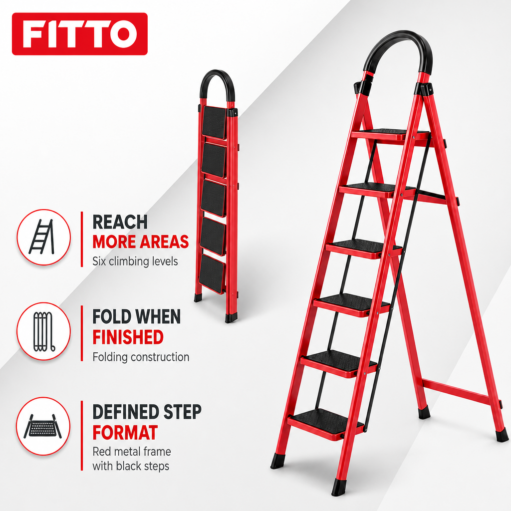 48 Pieces Folding Step Ladders, 6-Step Red Metal Ladder, Foldable Household Access Ladder, 1 Piece
