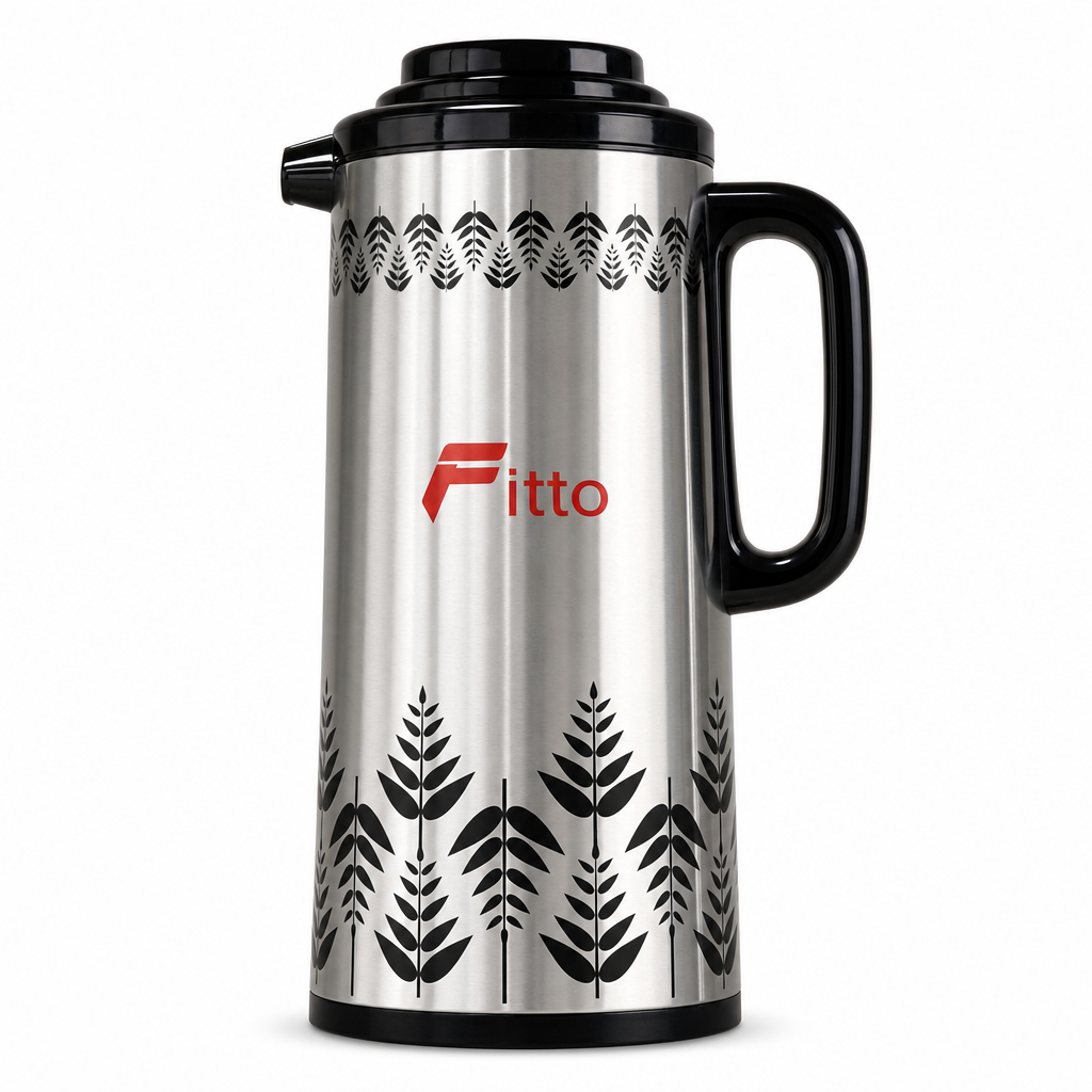 72 Pieces Vacuum Flask with Handle, Silver and Black Leaf Pattern, 1.9 Litre, 1 Piece