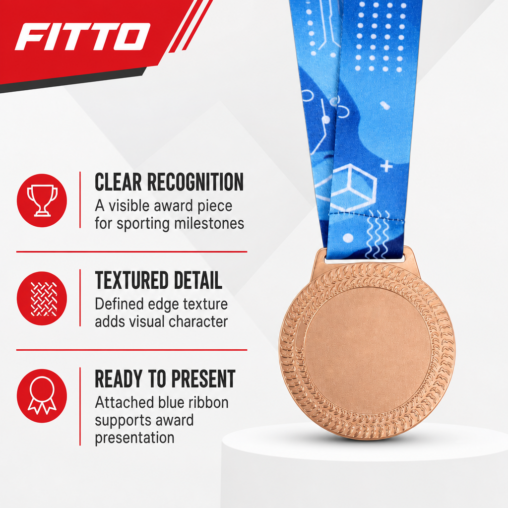 144 Pieces Sports Award Medal with Textured Edge, Blue Ribbon, Bronze, 10 x 8 cm