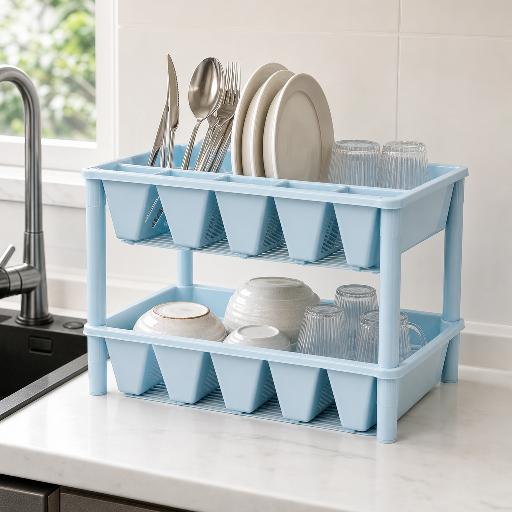 72 Pieces Utensil Drying Rack, Light Blue Two-Tier Plastic Dish Drainer with Removable Compartments, 45 x 32 x 18 cm