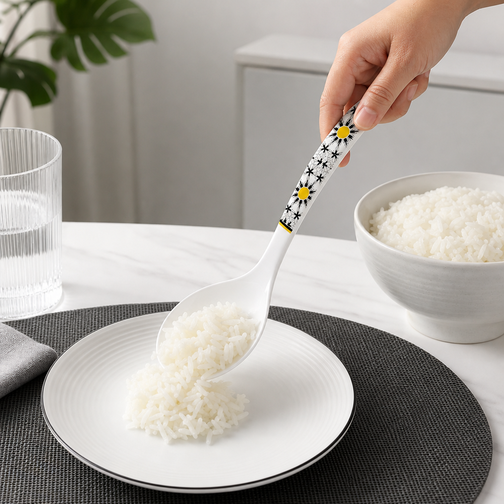 144 Pieces Melamine Rice Ladle, White Floral Serving Spoon with 30 cm Handle