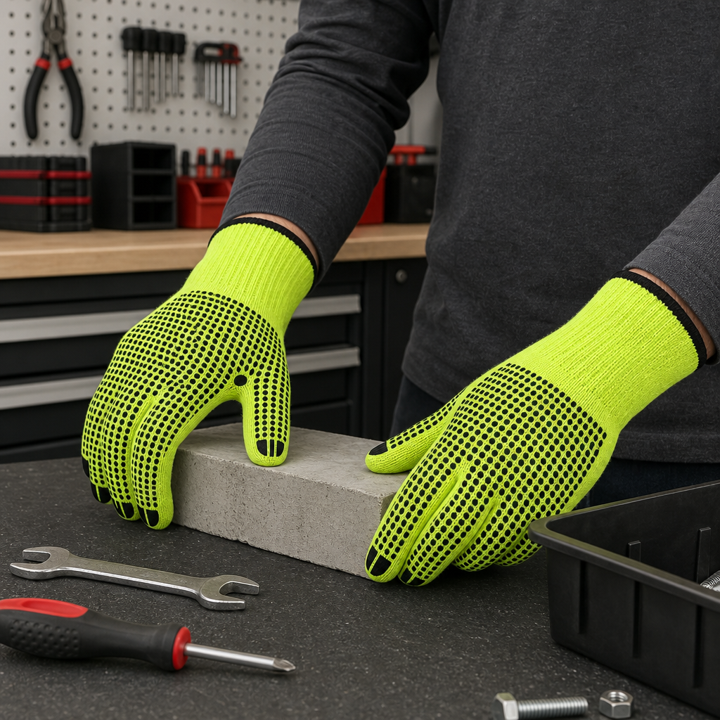 72 Pieces Knitted Work Gloveses with Grip Dots, 24 cm, Neon Green and Black, 1 Pair