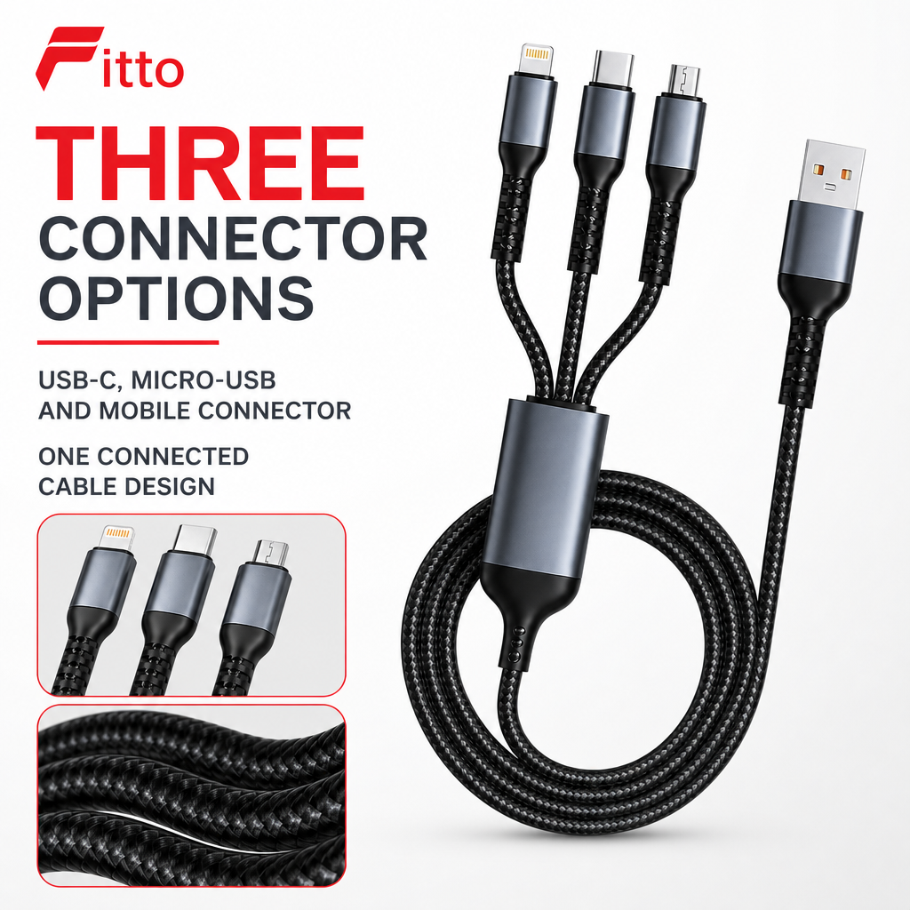 144 Pieces 3-in-1 Fast Charging Data Cable with USB-C, Micro-USB and Mobile Connectors, 100W, Black