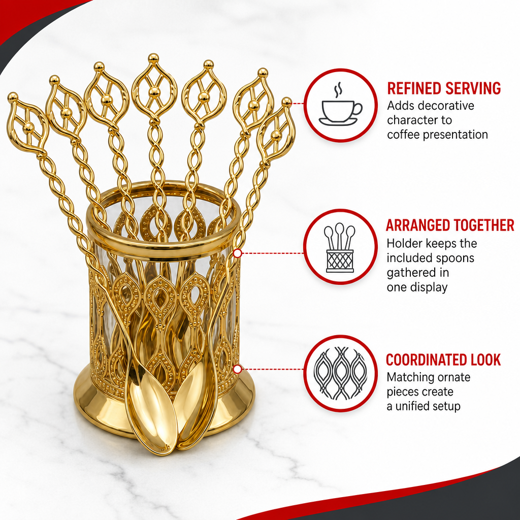 96 Pieces Gold-Tone Decorative Coffee Spoon Set with Ornate Holder, 7 Pieces