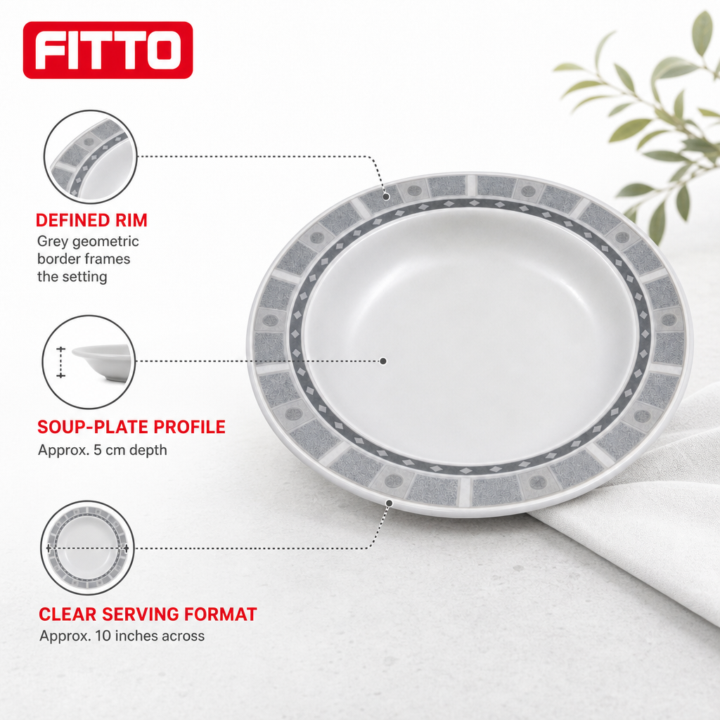 120 Pieces Soup Plate, 10 Inch, Grey Geometric Border, Round Tablewares
