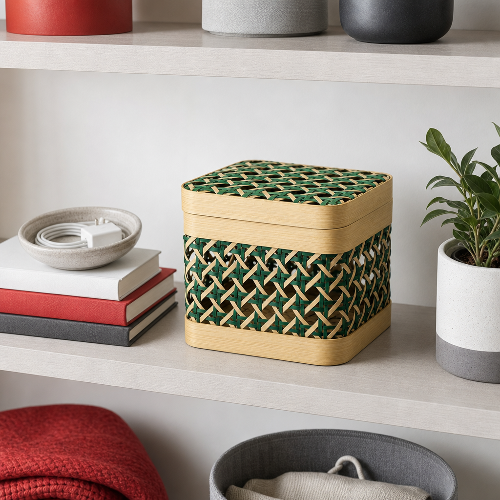 96 Pieces Woven Storage Box with Lid, Natural and Green, 12.5 x 15 x 13 cm
