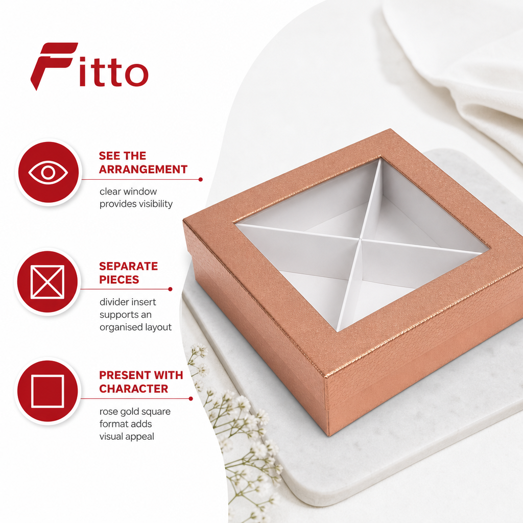 96 Pieces Chocolate Presentation Box with Clear Window and Divider Insert, Rose Gold Square, 20 × 20 × 5 cm, 1 Piece