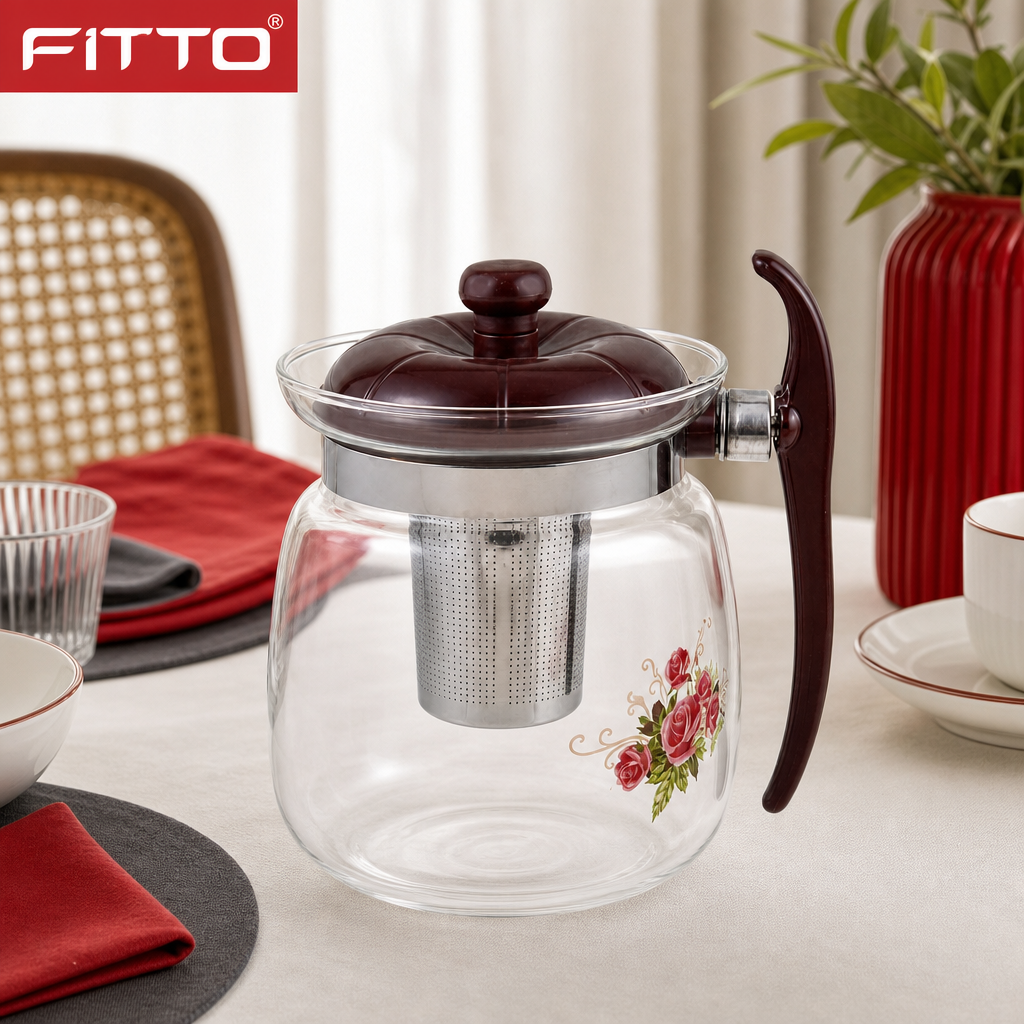 72 Pieces Glass Teapots 2.4-Litre with Stainless Steel Infuser, Brown Handle and Floral Print