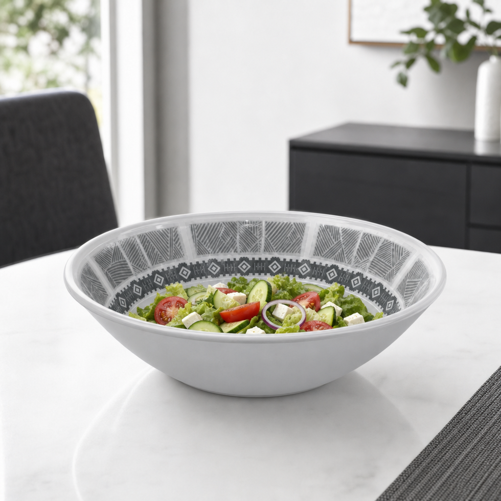 96 Pieces Melamine Salad Bowl, 7 Inch, Grey, Geometric Border