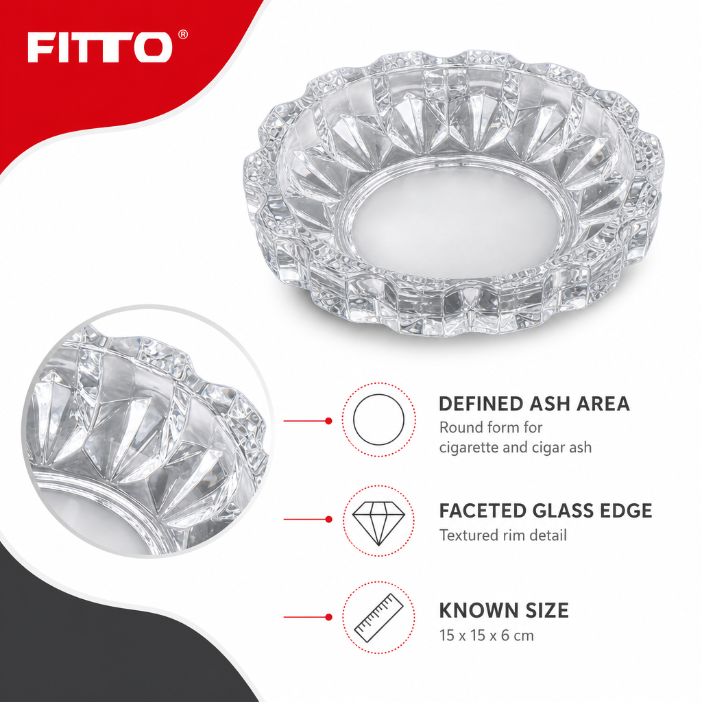 144 Pieces Clear Round Glass Ashtrays with Faceted Edge, 1 Piece