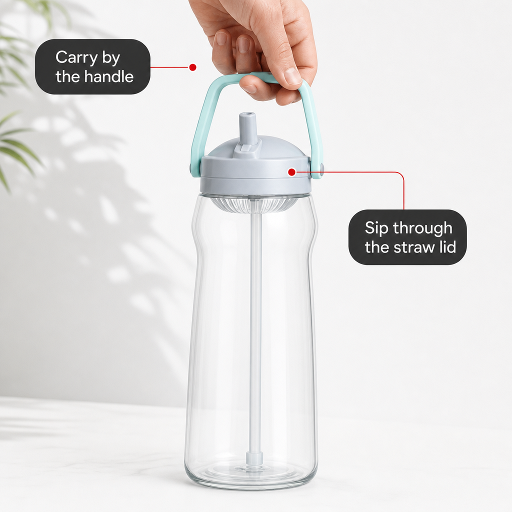 96 Pieces Clear Plastic Water Bottle with Aqua Carry Handle and Straw Lid, 32 cm
