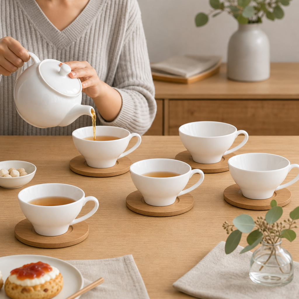 60 Pieces Ceramic Tea and Coffee Cup Set with Looped Handles and Wooden Saucers, White and Natural Wood, 6 Pieces