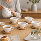 60 Pieces Ceramic Tea and Coffee Cup Set with Looped Handles and Wooden Saucers, White and Natural Wood, 6 Pieces