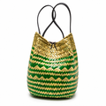 72 Pieces Handwoven Bucket Handbags, Green and Cream Striped Natural-Fiber Design, 22 x 18 x 14 cm