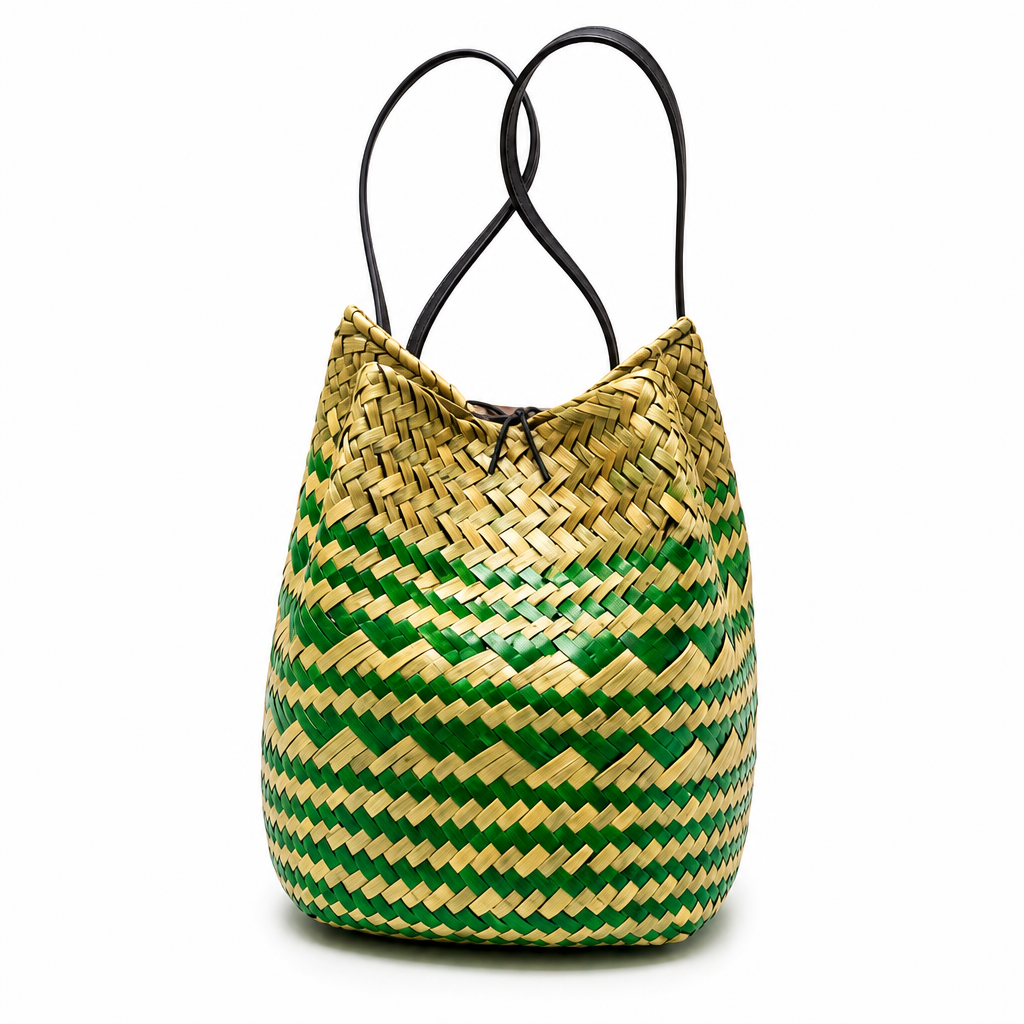 72 Pieces Handwoven Bucket Handbags, Green and Cream Striped Natural-Fiber Design, 22 x 18 x 14 cm