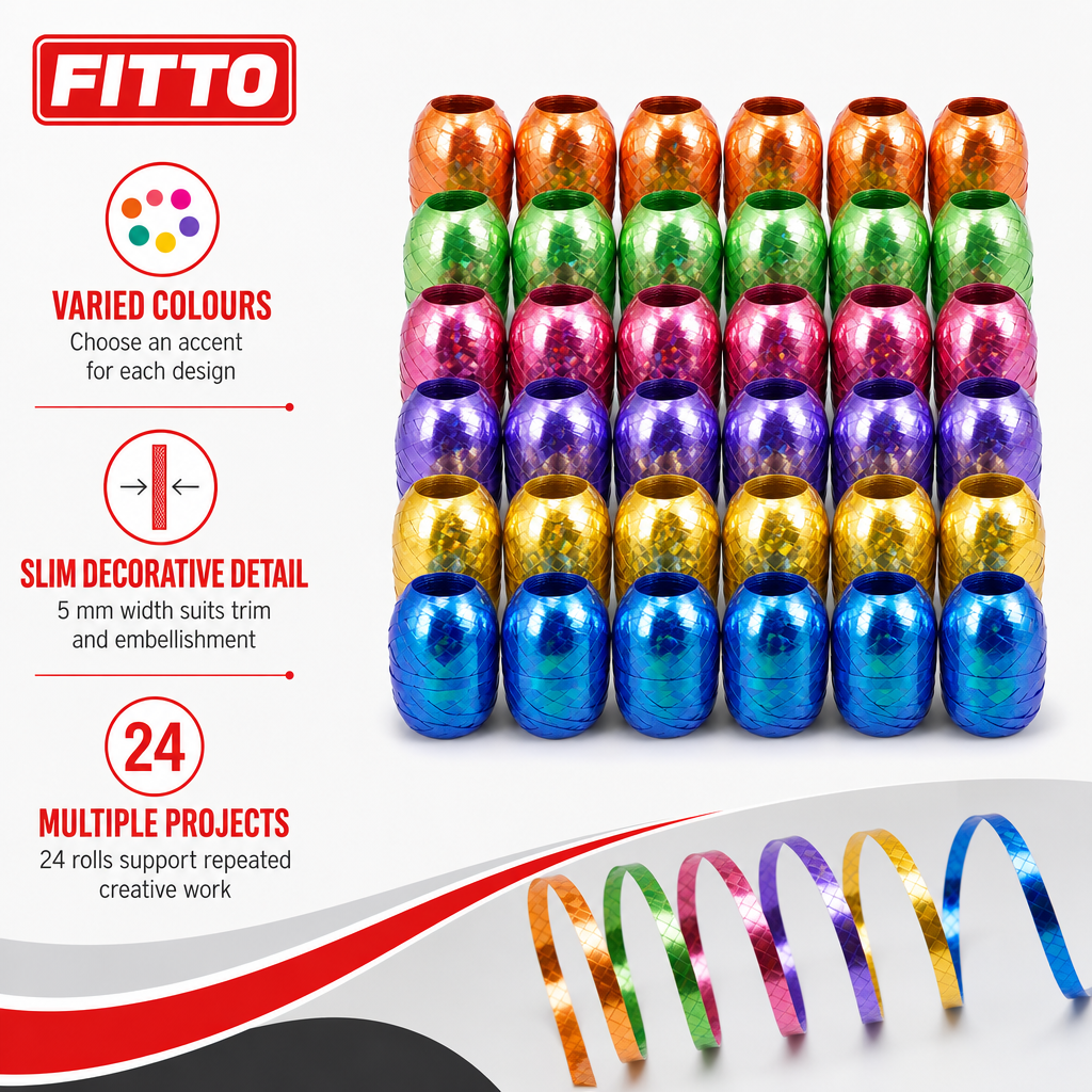 96 Pieces Assorted Colour Metallic Ribbon Rolls, 5 mm x 10 m, 24 Rolls for Crafting and Decorations
