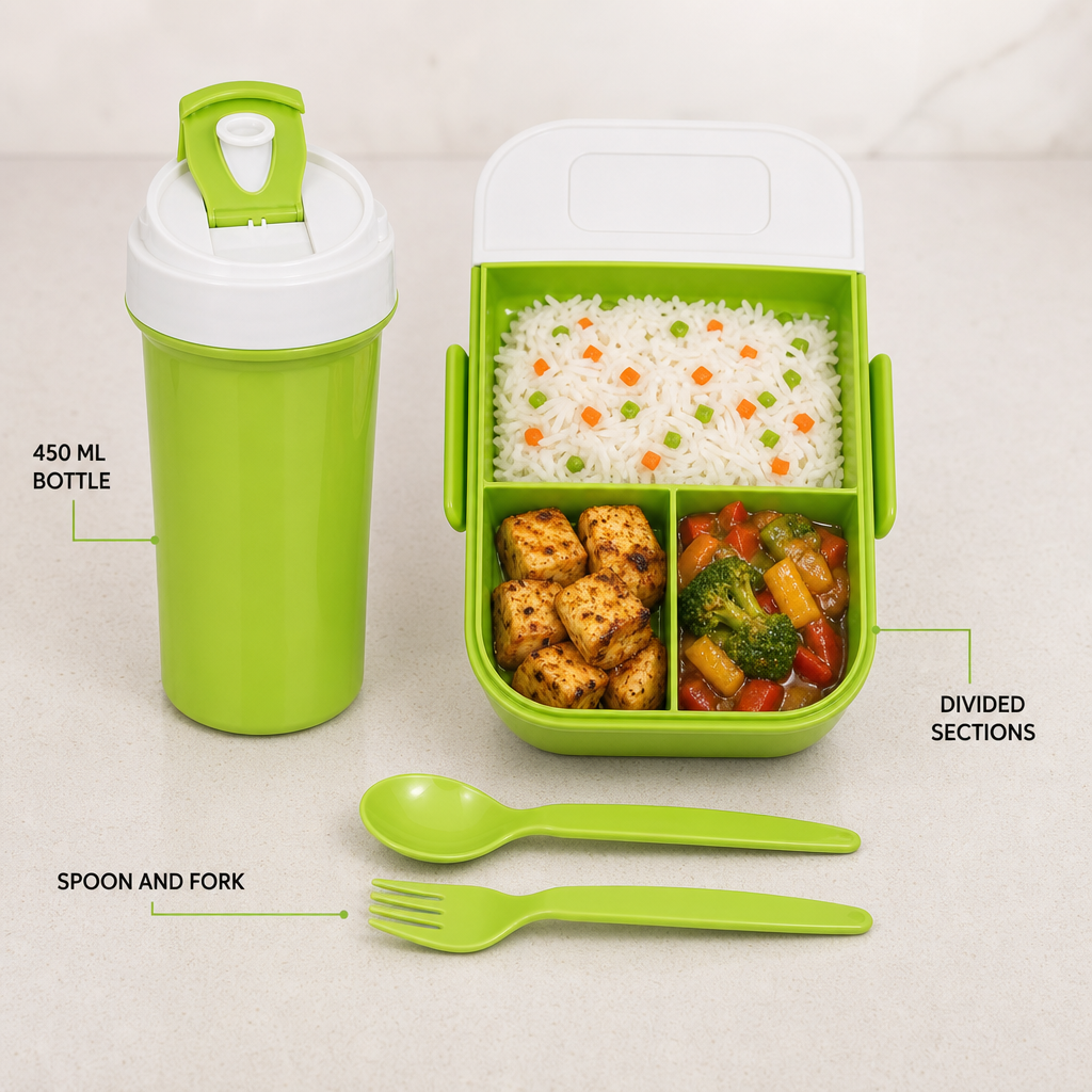 96 Pieces Assorted Colour Rectangular Plastic Lunch Box Set with 450 ml Bottle and Cutlery, 1 Set