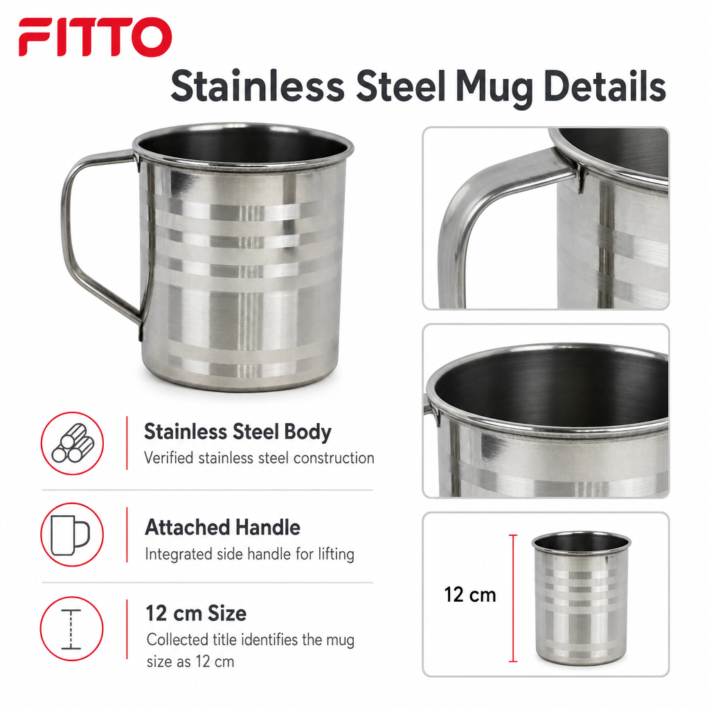 96 Pieces Stainless Steel Water Mug with Handle, Silver, 12 cm