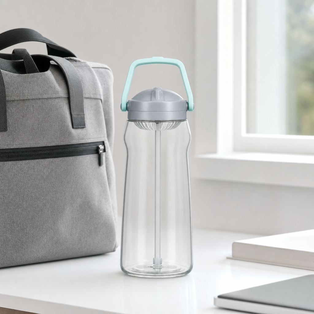96 Pieces Clear Plastic Water Bottle with Aqua Carry Handle and Straw Lid, 32 cm