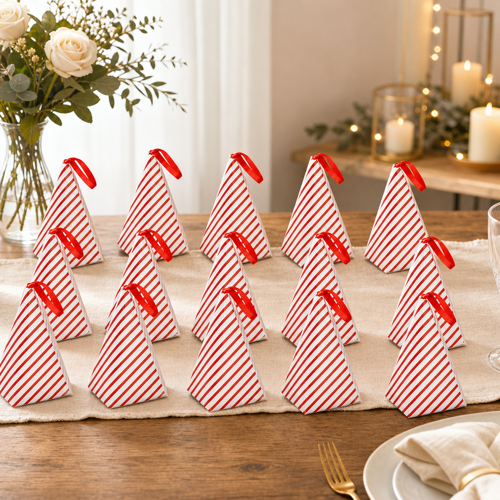 96 Pieces Red and White Cone-Shaped Favor Boxes with Ribbon, 11.5 x 18 cm, 12 Pieces